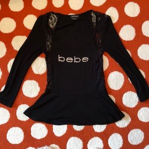 Bebe Black Long Sleeve Top with Lace Inserts